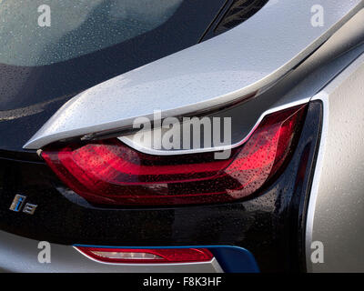 Rear closeup of the very aerodynamic BMW i8 hybrid sportscar Stock Photo