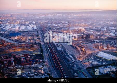 Aerial view of oil refinery, evening, Los Angeles, California, USA Stock Photo