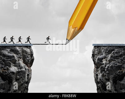 Drawing a bridge and conquering adversity business concept as a group of people running from one cliff to another with the help Stock Photo