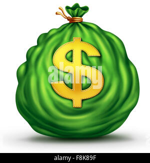 Money bag financial business object as a big green sack of currency with a dollar symbol stitched to the finance icon on a white background as a success winning prize metaphor. Stock Photo