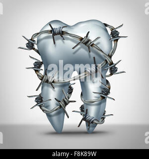 Tooth pain dental toothache concept as a human molar symbol with sharp barbed wire as a dentist metaphor for sensitive teeth or Stock Photo