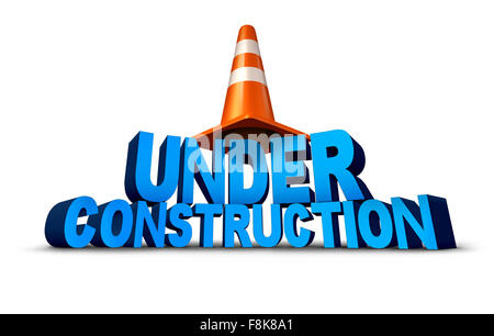 Under construction symbol as three dimensional text with a traffic cone as an icon for the technology concept of updating a website or remodeling and fixing a broken structure on a white background. Stock Photo