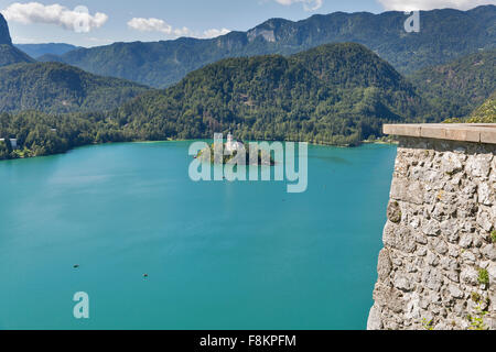 Island on Lake Bled in Slovenia with Church of the Assumption, aerial view from castle Stock Photo