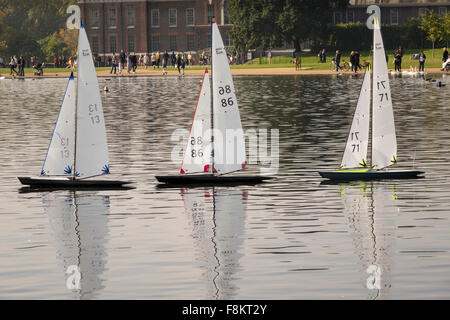 Model yachts race across Round Pond in Kensington Gardens, London, England Stock Photo