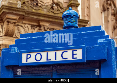 Police Phone Box painted blue in Glasgow, Scotland, UK Stock Photo