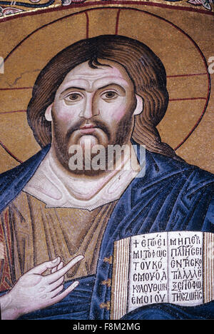 Portrait of Christ the Pantocrator Holding a Bible or the Holy Book, a Byzantine Mosaic in the Church and Byzantine Monastery of Hosios Loukas or Hossios Loukas. Distomo Boeotia Greece Stock Photo