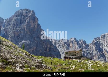 Low angle view of mountain hut, Dolomites, Trentino Alto Adige, Italy Stock Photo