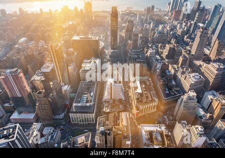 High angle cityscape of mid town Manhattan toward Hudson River, New York, USA