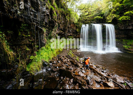 Sgwd yr Eira, Waterfall Country, Brecon Beacons  National Park, POWYS, Wales Stock Photo