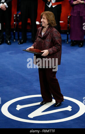 Stockholm, Sweden. 10th Dec, 2015. 2015's Nobel laureate in Literature Svetlana Alexievich stands on stage during the Nobel Prize award ceremony at the Concert Hall in Stockholm, capital of Sweden, Dec. 10, 2015. Credit:  Ye Pingfan/Xinhua/Alamy Live News Stock Photo