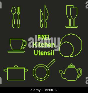 Vector icons set of kitchen utensil in pixel art style Stock Vector