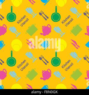 Seamless pattern of colored kitchen utensil in pixel art style Stock Vector