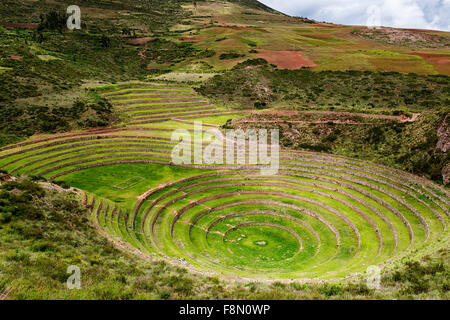 Inca circular terraces in Moray, in the Sacred Valley, Peru. Moray is an archaeological site, close to the village of Maras. Stock Photo