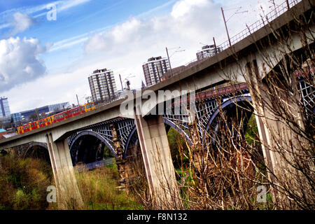 Newcastle Metro train crossing Byker bridge Stock Photo