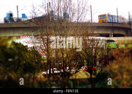 Newcastle Metro train crossing Byker bridge Stock Photo