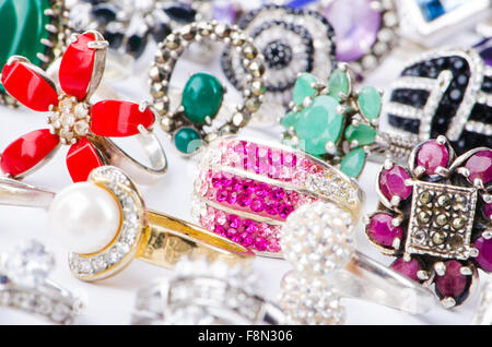 Collection of jewellery rings on white Stock Photo