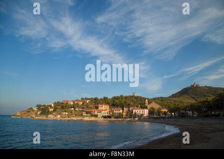 View from Collioure of the Fort Saint-Elme and Windmill, South of France. Stock Photo