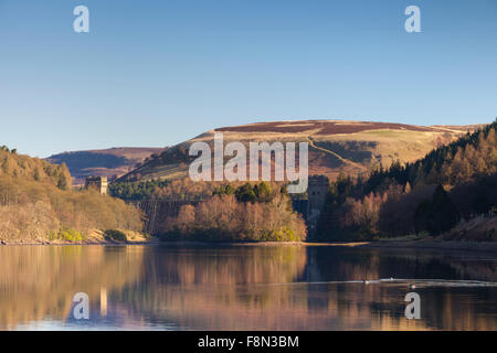 Derwent reservoir and Howden Moors in the Derbyshire Peak district on a still morning. Stock Photo