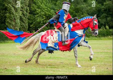 Medieval knight on a horse with flag Stock Photo