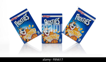 Three Packets of Kelloggs Frosties on a white background Stock Photo