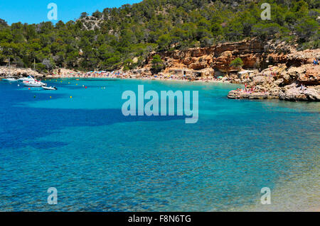 a panoramic view of Cala Salada beach in San Antonio, Ibiza Island, Spain Stock Photo