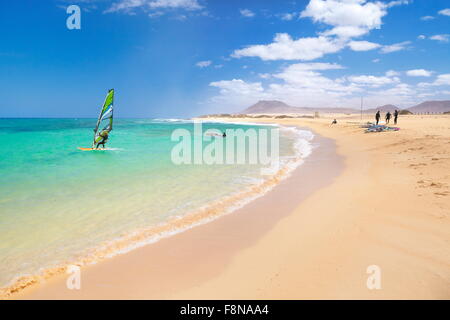 Canary Beach at Fuerteventura Island, windsurfing near Corralejo, Canary Islands, Spain Stock Photo