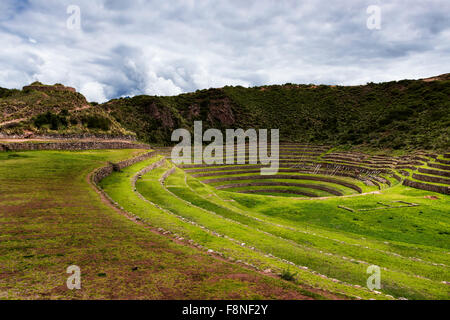 Inca circular terraces in Moray, in the Sacred Valley, Peru. Moray is an archeological site, close to the village of Maras. Stock Photo