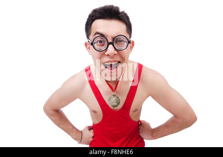 Funny wrestler with winners gold medal Stock Photo