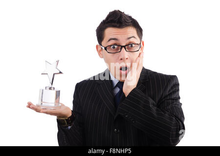 Funny guy receiving award on white Stock Photo