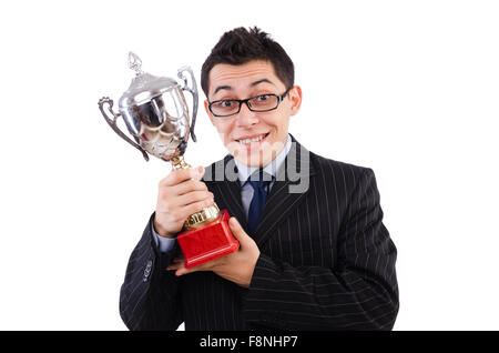 Funny guy receiving award on white Stock Photo