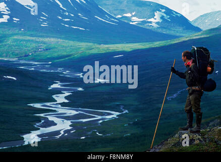 Hiker in Rapadalen Valley in Sarek National Park in Swedish Lapland Stock Photo