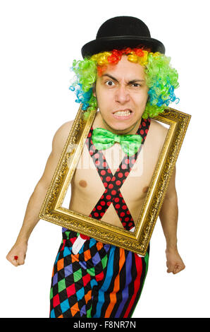 Clown with picture frame isolated on white Stock Photo