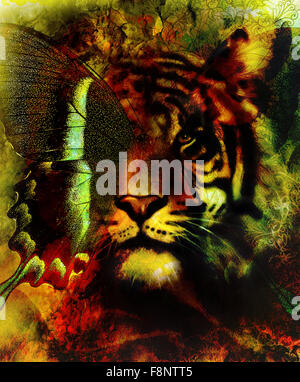 portrait tiger with eagle and butterfly wings.. Color Abstract background and ornament, vintage structure. Animal concept. orange, green, red, black color. Stock Photo