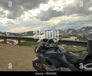 On Top of the World (Beartooth) Highway, Montana/Wyoming, USA. Escaping the heat by getting above the snow line Stock Photo