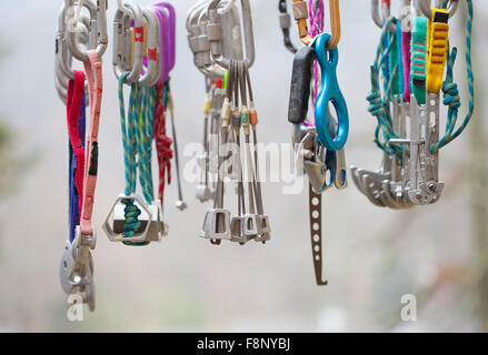 A collection of equipment used for protection during rock climbing Stock Photo