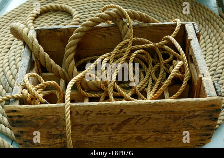 Box of ropes on the deck RCMP St. Roch schooner, Vancouver Maritime Museum, Vancouver, BC, Canada Stock Photo