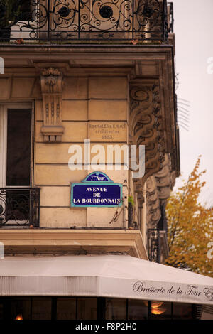 A street sign indicates the Avenue de La Bourdonnais in the 7th Arrondissement of Paris, France. Stock Photo