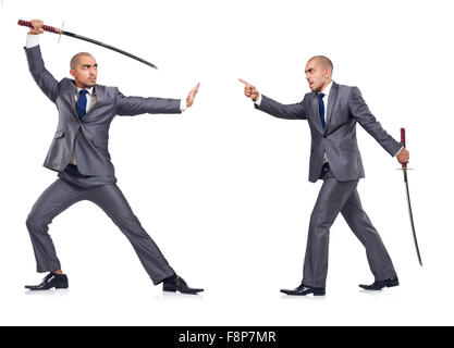 Two men figthing with the sword isolated on white Stock Photo