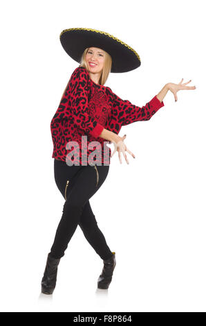 Funny mexican woman wearing sombrero isolated on white Stock Photo