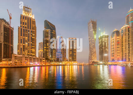 Dubai marina skyscrapers during night hours Stock Photo