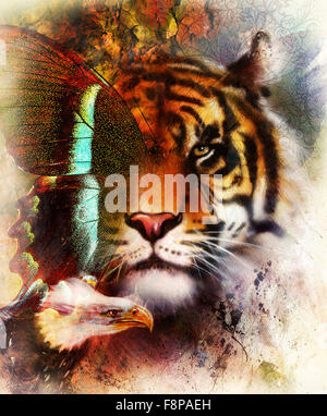portrait tiger with eagle and butterfly wings.. Color Abstract background and ornament, vintage structure. Animal concept. Stock Photo