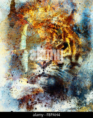 gentle portrait tiger with eagle and butterfly wings.. Color Abstract background and retro, vintage structure. Animal concept. Blue, orange, black and white color. Stock Photo