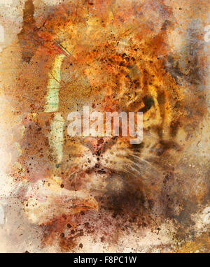 gentle portrait tiger with eagle and butterfly wings.. Color Abstract background and retro, old paper structure. Animal concept. Stock Photo