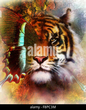 portrait tiger with eagle and butterfly wings.. Color Abstract background and ornament, vintage structure. Animal concept.. Brown, orange, green, black and white color. Stock Photo