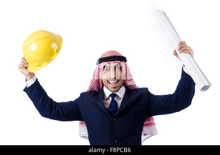 Arab engineer with drawings on white Stock Photo