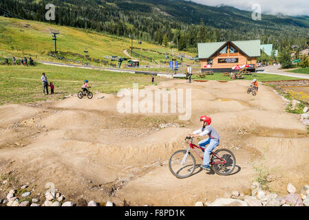 Kids Mountain bike course, Kicking Horse Resort, near Golden, British Columbia, Canada Stock Photo