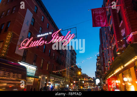 Welcome to Little Italy banner across Mulberry Street in Lower Manhattan Stock Photo