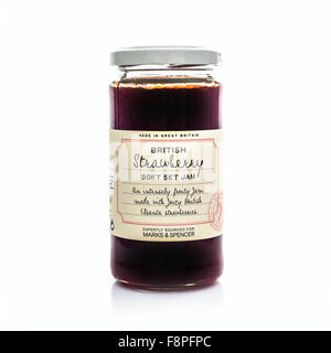 Jar of Marks and Spencer British Strawberry Jam on a White Background Stock Photo