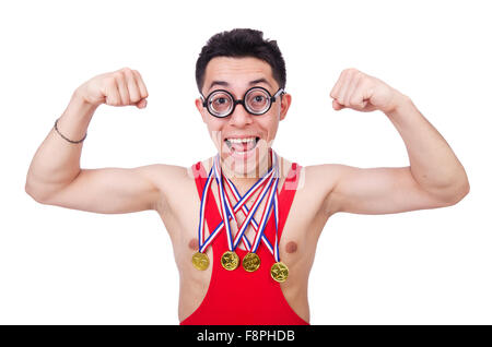 Funny wrestler with winners gold medal Stock Photo