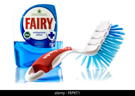 Fairy Liquid Antibacteterial Action and Vileda washing up brush on a White background. Stock Photo